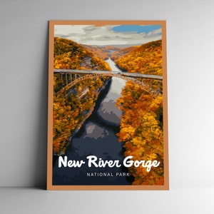 Póster de viaje de estilo vintage del Parque Nacional New River Gorge / Postal / Pegatina / Magnet Designer Series West Virginia USA Art Print Wall Art