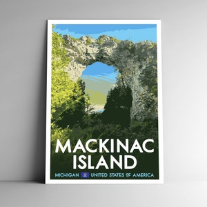 Pôster de viagem estilo vintage da Ilha Mackinac - 8x10 - 12x18 - 18x24 - 24x36 / 4x6 Cartão postal estilo WPA Arch Rock, impressão artística, Michigan, EUA