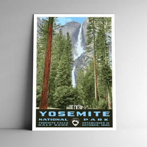 Affiche de voyage de style vintage du parc national de Yosemite/carte postale/autocollant/aimant style rétro WPA impression Californie Art mural chutes de Yosemite