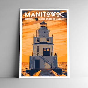 Pôster de viagem estilo vintage Manitowoc Wisconsin, 8x10 12x18 18x24 24x36 / 4x6 Cartão postal EUA Estados Unidos da América Impressão de arte retrô americana