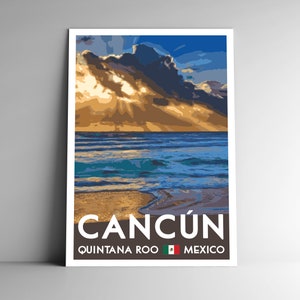Cartel de viaje de estilo vintage de Cancún - 8x10 - 12x18 - 18x24 / 4x6 Postal Cancún Quintana Roo México Beach Art Print