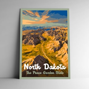 Dakota du Nord : affiche de voyage de style vintage The Peace Garden State/carte postale/autocollant/aimant style rétro WPA Art mural des 50 États des 50 États-Unis