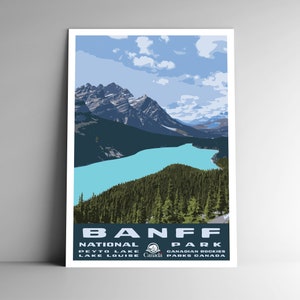 Cartel de viaje estilo vintage estilo WPA del Parque Nacional Banff - 8x10 - 12x18 - 18x24 - 24x36 / 4x6 Postal Parques Canadá Arte Impresión Peyto Lake
