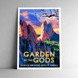 Cartel de viaje de estilo vintage del Jardín de los Dioses - 8x10 - 12x18 - 18x24 - 24x36 / 4x6 Postal Estilo WPA Colorado Springs Montañas Rocosas EE.UU.