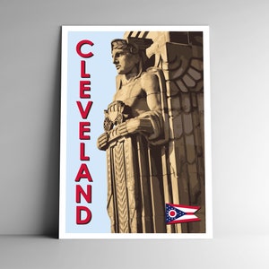 Cartaz de viagem em estilo vintage de Cleveland, Ohio - 8x10 12x18 18x24 24x36 / 4x6 Cartão postal Guardiões do trânsito, Hope Memorial Bridge EUA Impressão artística