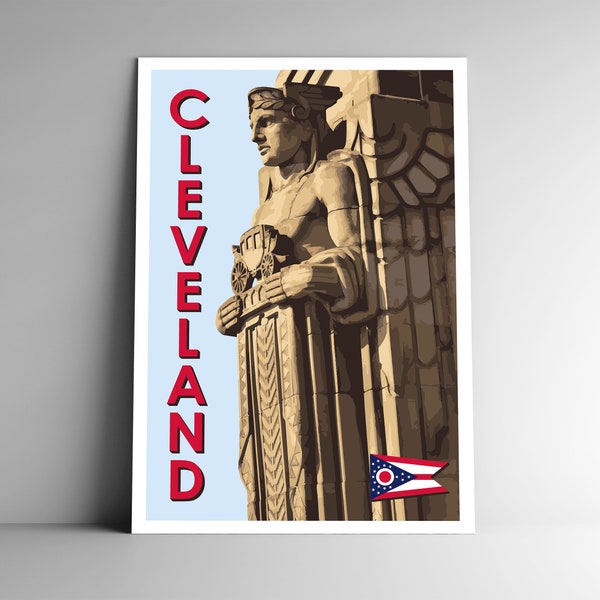 Cleveland, Ohio Vintage-Style Travel Poster - 8x10 12x18 18x24 24x36 / 4x6 Postcard Guardians of Traffic, Hope Memorial Bridge USA Art Print