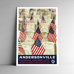 Pôster de viagem estilo vintage do local histórico nacional de Andersonville - 8x10 - 12x18 - 18x24 - 24x3 6/4x6 Cartão postal estilo WPA Georgia US Art Print