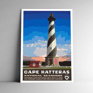 Poster de viagem estilo vintage Cape Hatteras National Seashore WPA 8x10 - 12x18 - 18x24 - 24x36 / 4x6 Cartão postal Outer Banks Lighthouse Art Print