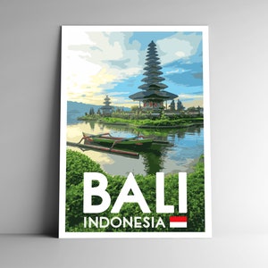 Bali Indonésie WPA Style vintage-Style Travel Poster - 8x10 - 12x18 - 18x24 - 24x36 / 4x6 Carte postale Pura Ulun Danu Bratan Temple Art Print