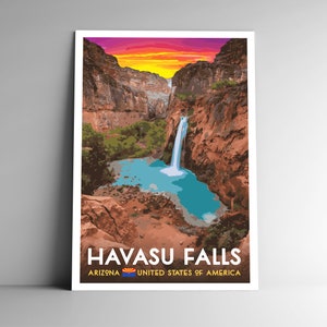 Havasu Falls Vintage-Style Travel Poster 8x10 - 12x18 - 18x24 - 24x36 / Postal Estilo WPA Lago Havasu Havasupai Gran Cañón Arizona EE.UU.
