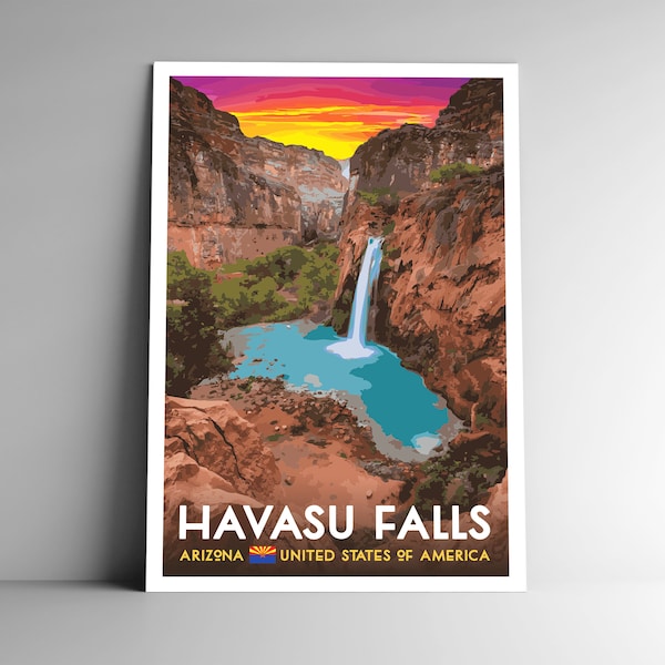 Havasu Falls Vintage-Style Travel Poster 8x10 - 12x18 - 18x24 - 24x36 / Postcard WPA Style Lake Havasu Havasupai Grand Canyon Arizona USA