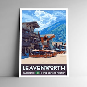 Cartaz de viagem estilo vintage de Leavenworth Washington - 8x10 - 12x18 - 18x24 - 24x36 / 4x6 Cartão postal Estilo WPA EUA Impressão artística dos Estados Unidos