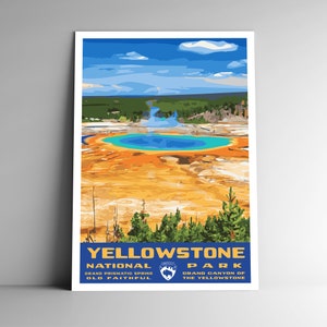 Pôster de viagem estilo vintage do Parque Nacional de Yellowstone / cartão postal / adesivo / ímã retrô estilo WPA Wyoming EUA impressão artística arte de parede prismática