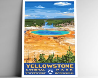 May include: A vintage-style poster for Yellowstone National Park featuring a colorful aerial view of the Grand Prismatic Spring. The poster has a blue background with the text "Yellowstone National Park" in yellow and white letters. The text "Grand Prismatic Spring Old Faithful" and "Grand Canyon of the Yellowstone" are also included in the poster.
