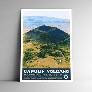 Monumento Nacional do Vulcão Capulin Estilo WPA Cartaz de viagem estilo vintage - 8x10 - 12x18 - 18x24 - 24x36 / 4x6 Cartão postal Impressão artística do Novo México