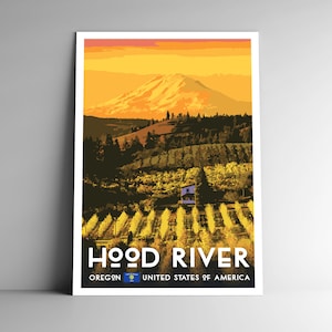 Pôster de viagem estilo vintage de Hood River Oregon - 8x10 12x18 18x24 24x36 / 4x6 Cartão postal EUA Estados Unidos da América American Retro Art Print