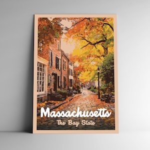 Massachusetts: Cartel de viaje de estilo vintage del estado de la bahía / postal / pegatina / imán estilo retro WPA Nuestros cincuenta estados imprimen 50 arte de pared de EE. UU.