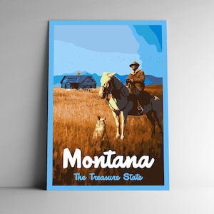 Affiche de voyage de style vintage Montana : The Treasure State / Carte postale / Autocollant / Aimant Style rétro WPA Impression d'art mural Our Fifty States USA