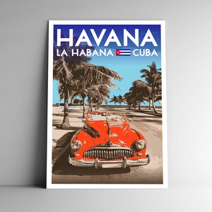 Pôster de viagem em estilo vintage de Havana Cuba - 8x10 - 12x18 - 18x24 - 24x36 / 4x6 Cartão postal Carro clássico Palmeiras Cubano Retro La Habana Impressão artística