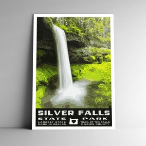 Pôster de viagem em estilo vintage do Parque Estadual de Silver Falls - 8x10 12x18 18x24 24x36 / 4x6 Cartão postal Estilo WPA Oregon South Falls EUA Impressão de arte retrô