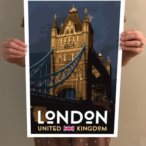 May include: A vintage travel poster featuring a nighttime view of Tower Bridge in London, England. The poster has a dark blue background with a gold and white illustration of the bridge. The text "LONDON" is in white letters with a black outline, and the text "UNITED KINGDOM" is in gold letters with a red, white, and blue flag icon.
