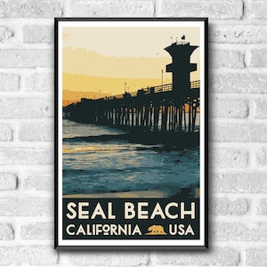 Puede incluir: Un p&oacute;ster de estilo vintage con una silueta de un muelle que se extiende hacia el oc&eacute;ano al atardecer. El texto "SEAL BEACH CALIFORNIA USA" est&aacute; en la parte inferior del p&oacute;ster.