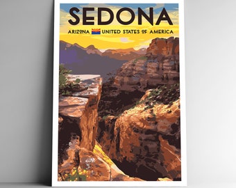 Affiche de voyage de style vintage Sedona - 8x10 - 12x18 - 18x24 - 24x36 / 4x6 Carte postale WPA Style Bell Rock Red Rocks Randonnée Arizona USA Art Print