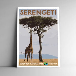 Serengeti Nationalpark WPA-Style Vintage-Style Reise Poster 8x10 - 12x18 - 18x24 - 24x36 / 4x6 Postkarte Tansania Afrika Giraffe Art Print