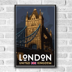 May include: A vintage travel poster featuring a view of Tower Bridge in London, England. The poster has a dark blue background with the text "LONDON" in white letters and "UNITED KINGDOM" in white letters below. The Union Jack flag is between the words "UNITED" and "KINGDOM".