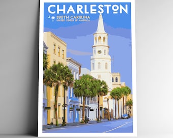 Charleston South Carolina Vintage-Style Travel Poster -8x10 - 12x18 - 18x24 - 24x36 / 4x6 Postcard WPA Style United States USA Art Print