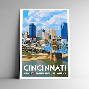 Cincinnati Ohio Vintage-Style Travel Poster / Postal - 8x10 - 12x18 - 18x24 - 18x36 / 4x6 WPA Estilo Ohio River Roebling Bridge Art Print