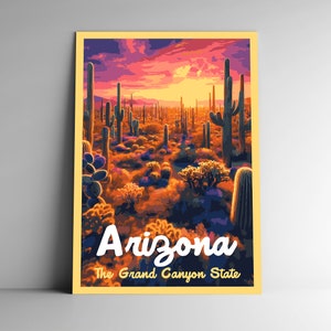 Arizona: Pôster de viagem estilo vintage do estado do Grand Canyon / cartão postal / adesivo / ímã estilo WPA retrô Nossos cinquenta estados 50 impressão de arte de parede