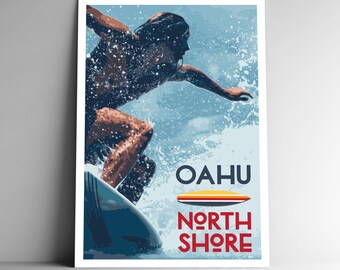 May include: A vintage-style poster featuring a surfer riding a wave. The poster has a blue, white, and yellow color scheme and features the text "OAHU NORTH SHORE".