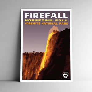 Yosemite National Park FIREFALL vintage-Style WPA-Style Travel Poster- 8x10 12x18 18x24 24x36 / 4x6 Carte postale California USA Retro Art Print