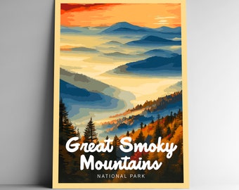 May include: A vintage-style poster featuring a scenic view of the Great Smoky Mountains National Park. The poster has a sunset sky with a layer of fog over the mountains. The text "Great Smoky Mountains National Park" is printed in white at the bottom of the poster.