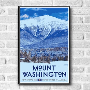 Puede incluir: Un p&oacute;ster de estilo vintage con un pico de monta&ntilde;a nevado con un cielo azul y el texto "MOUNT WASHINGTON NEW HAMPSHIRE UNITED STATES OF AMERICA".