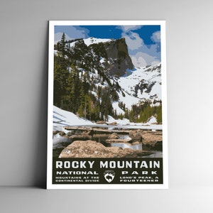 Affiche de voyage de style vintage du parc national des Montagnes Rocheuses/carte postale/autocollant/aimant rétro style WPA, impression d'art du Colorado USA, impression d'art mural
