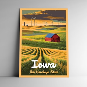 Iowa: Poster di viaggio in stile vintage The Hawkeye State / Cartolina / Adesivo / Magnete Stile WPA retrò I nostri Cinquanta Stati Stampa 50 US USA Wall Art