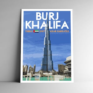 Póster de viaje de estilo vintage estilo WPA de Burj Khalifa - 8x10 - 12x18 - 18x24 / 4x6 Postal Dubai Emiratos Árabes Unidos EAU Burj Dubai Lámina artística