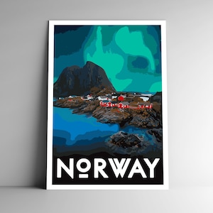 Poster di viaggio in stile vintage in stile WPA Norvegia - 8x10 - 12x18 - 18x24 - 24x36 / 4x6 Cartolina Stampa artistica retrò dell'aurora boreale delle Isole Lofoten