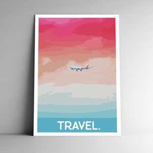 VIAGEM. Cartaz de viagem minimalista estilo vintage - 8x10 - 12x18 - 18x24 - 24x36 / 4x6 Cartão postal Estilo WPA Avião Vôo Fly Plane Sunset Sky