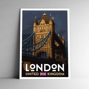 Pôster de viagem estilo vintage da London Tower Bridge - 8x10 - 12x18 - 18x24 - 24x36 / 4x6 Cartão postal WPA estilo Reino Unido Impressão artística retrô