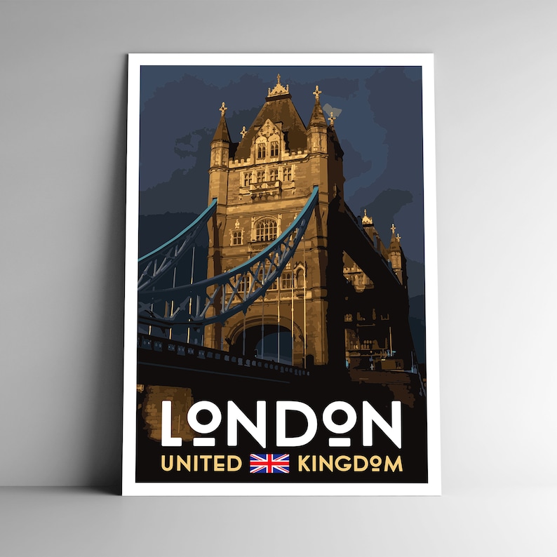 May include: A vintage travel poster featuring a silhouette of Tower Bridge in London, England. The poster has a dark blue background with a golden yellow bridge and the text "LONDON" in bold white letters. Below the bridge, the text "UNITED KINGDOM" is in white letters with a small Union Jack flag.