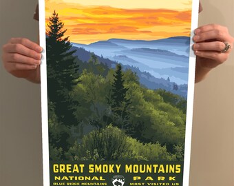 Great Smoky Mountains National Park Vintage-Style Travel Poster / Postcard  / Sticker / Magnet Retro WPA Style Tennessee NC USA Art Print