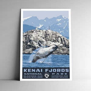 Cartel de viaje de estilo vintage del Parque Nacional de los Fiordos de Kenai / Postal / Pegatina / Imán Retro WPA Estilo Ballena Jorobada Alaska Arte Impresión Decoración