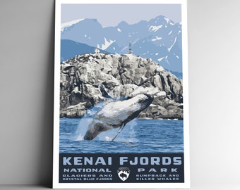 Kenai Fjords National Park Vintage-Style Travel Poster / Postcard / Sticker / Magnet Retro WPA Style Humpback Whale Alaska Art Print Decor