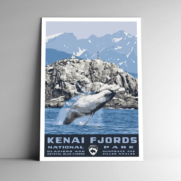 Kenai Fjords National Park Vintage-Style Travel Poster / Postcard / Sticker / Magnet Retro WPA Style Humpback Whale Alaska Art Print Decor