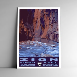Cartel de viaje de estilo vintage del Parque Nacional Zion / Postal / Etiqueta adhesiva / Imán Estilo retro WPA The Narrows Slot Canyon Utah EE. UU. Lámina artística