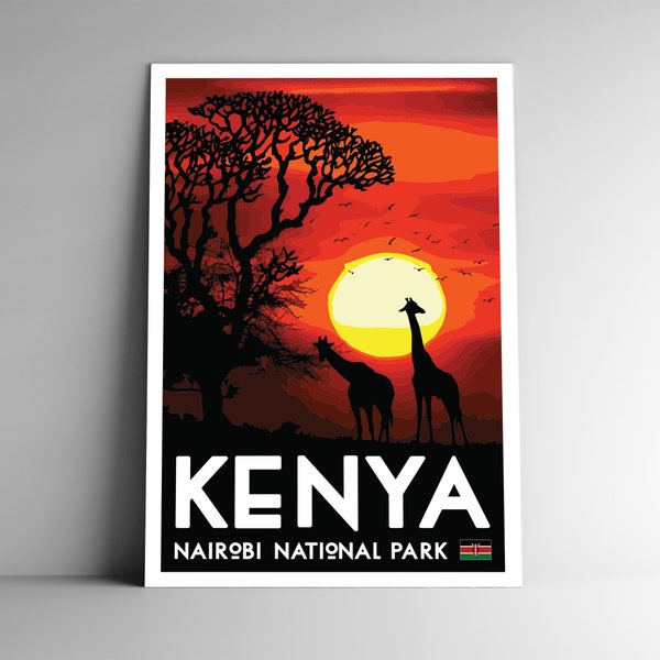 Kenya Nairobi National Park Vintage-Style Travel Poster - 8x10 - 12x18 - 18x24 - 24x36 / 4x6 Postcard WPA Style Giraffe Savanna Art Print
