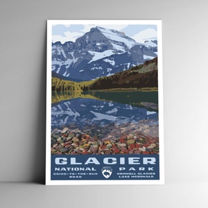 Gletscher-Nationalpark Vintage-Stil Reise-Poster / Postkarte / Aufkleber / Magnet Retro WPA Style Montana USA USA Kunstdruck Wandkunst